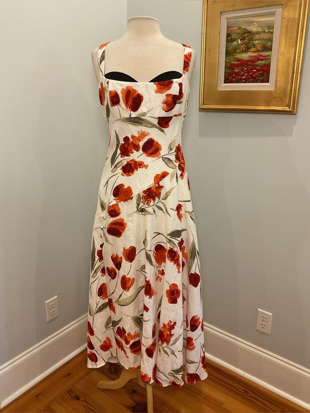 Reformation Bekki Linen Floral Midi Dress White Red Poppy Print NEW - Picture 2 of 10